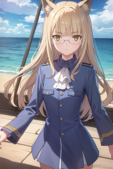 perrineclostermann, <lora:perrine clostermann anime-lora-nochekaiser:1>,
perrine clostermann, long hair, blonde hair, animal ears, (yellow eyes:1.5), glasses, dog ears,
BREAK uniform, military, military uniform, ascot, white ascot,
BREAK outdoors, ship, ocean, sun, sky, clouds,
BREAK looking at viewer, (cowboy shot:1.5),
BREAK <lyco:GoodHands-beta2:1>, (masterpiece:1.2), best quality, high resolution, unity 8k wallpaper, (illustration:0.8), (beautiful detailed eyes:1.6), extremely detailed face, perfect lighting, extremely detailed CG, (perfect hands, perfect anatomy),