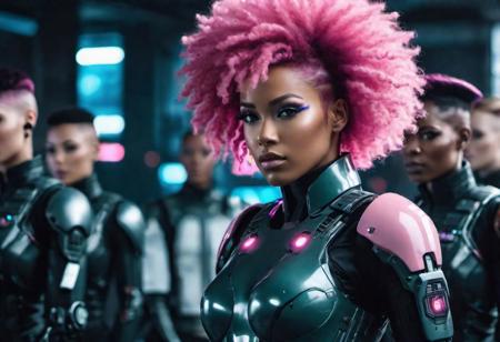ultra wide scene, 50 military recruits saluting a sexy half african half caucasian female cyberpunk military officer with realistic pink afro hair. glowing white eyes, one cyborg arm, cyborg face implants, beautiful strong facial expression, cyberpunk military uniform
