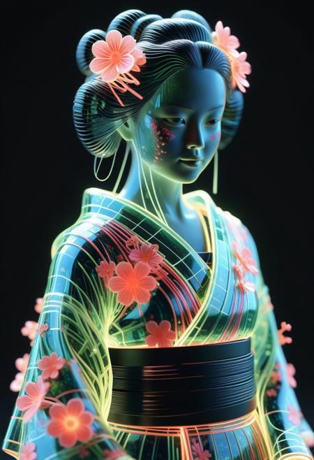 <lora:World_of_Glass_Filament:0.6> made of, tiny neon (glass:1.1) filaments, w0gf1l, Android, geisha, with robotic parts, in flowery kimono, Intricate details, 8 k, cinematic <lora:sss:0.8> subsurface scattering, sss <lora:envyStarlight_v10:0.8>
