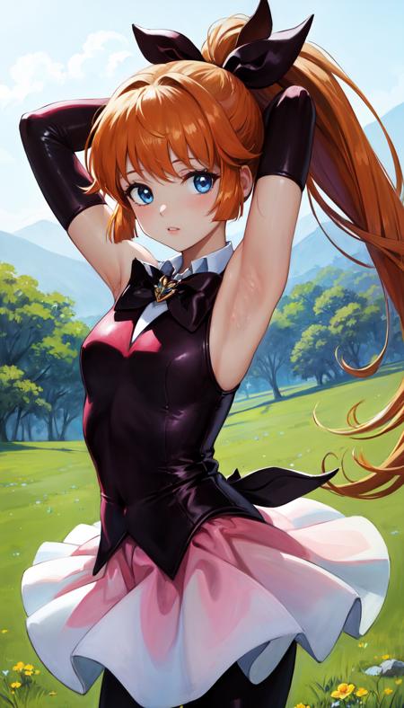 masterpiece, best quality, outdoors, grass, field,  
1girl, solo, looking at viewer, cowboy shot, long hair, ponytail, bow, ribbon, blue eyes, orange hair, hair ribbon, very long hair, brown hair, gloves, elbow gloves, skirt, magical girl, black gloves, pantyhose, bowtie, arms up, presenting armpits, armpits, 
<lora:LoRA_Haneoka:1>