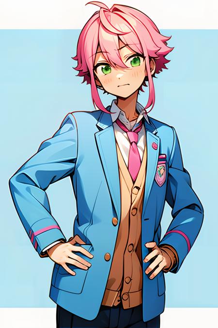 tori_himemiya, pink_hair, green_eyes, 1boy, white_shirt, necktie, school_uniform, hands_on_hips, hand_on_hip, 1girl, neckwear, shirt, long_sleeves, blue_jacket, cowboy_shot, collared_shirt, cardigan,