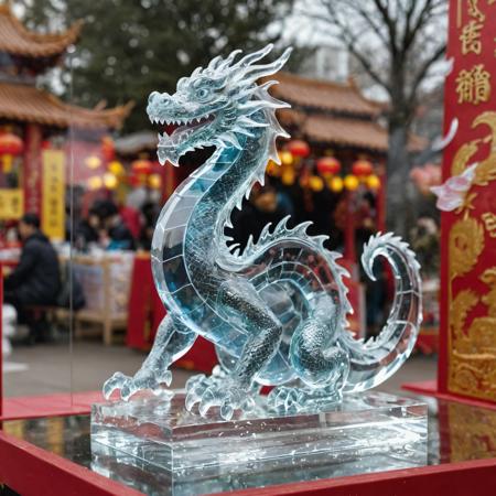 photo of a glass sculpture, transparent dragon engraving, transparent,  sitting on a display in a festival stall during chinese newyear celebration, refraction, glare, reflections, crystalz, translucent, depth of field, film grain, bokeh