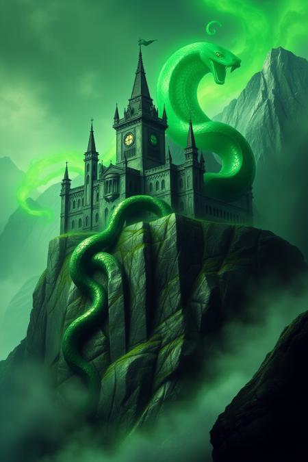 jade_snake. 0n1r1c. An impressive castle on a mountain ridge, guarded by a giant snake. dreamlike lighting and an ethereal atmosphere. Green aura, spooky glow.