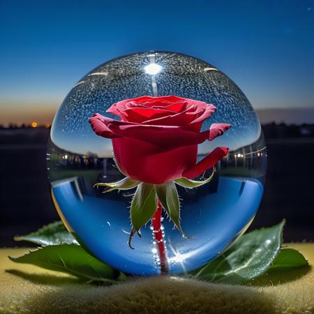(full shot:1.3), from above view. Masterpiece. sharp focus, best quality. A realistic image of a (football sized glass ball), in which a flower is present in a beautiful way. The glass ball is transparent and reflects the light. The flower is a red rose with dew deops on its petals. The background is dark blue sky with stars