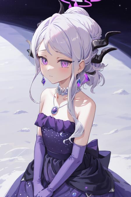 <lora:hina_(dress)_1.5:1>,hina,1girl,solo,white background,simple background,looking at viewer,sidelocks,parted bangs,elbow gloves,purple dress,purple gloves,halo,bare shoulders,necklace,earrings,alternate costume,