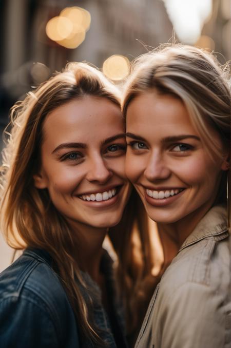 In an endearing close-up photograph, two close young european woman, with radiant smiles and sparkling eyes, stand cheek to cheek, looking directly at the viewer. The genuine bond between them is evident in their warm expressions. The background, beautifully blurred through a high depth of field, accentuates the focus on their heartfelt connection. Captured in a Photographic style with a 50mm prime lens, ensuring exquisite facial details and a natural perspective that brings out the authenticity of their friendship.