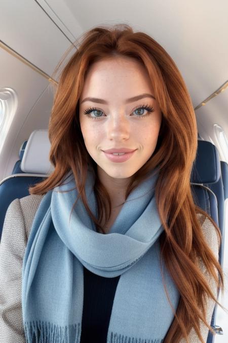 (RileyRasmussen:0.9), upper body, flight attendant, Air France, KLM, British Airways, bold scarf, first class cabin, Boeing, sunrise, (masterpiece, best quality, extremely detailed:1.2)