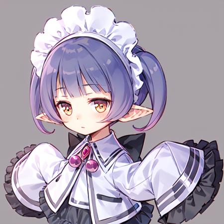 femalechim, 1girl, solo, masterpiece, best quality, pointy ears, maid headdress, purple hair, sleeves past wrists, white background, full body, chibi, simple background, blush, shoes, bow, jewelry, <lora:chimfemale1a-000014:0.8>