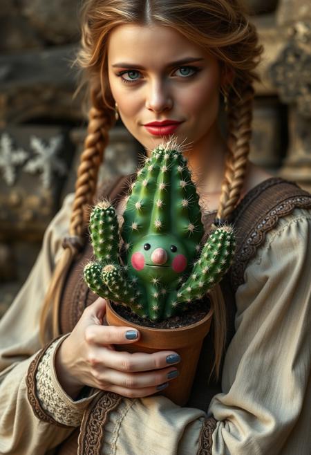 realistic photography of a cute cactus plant with face in the arms of a french women with blonde hair, freckles face, braids, medieval style