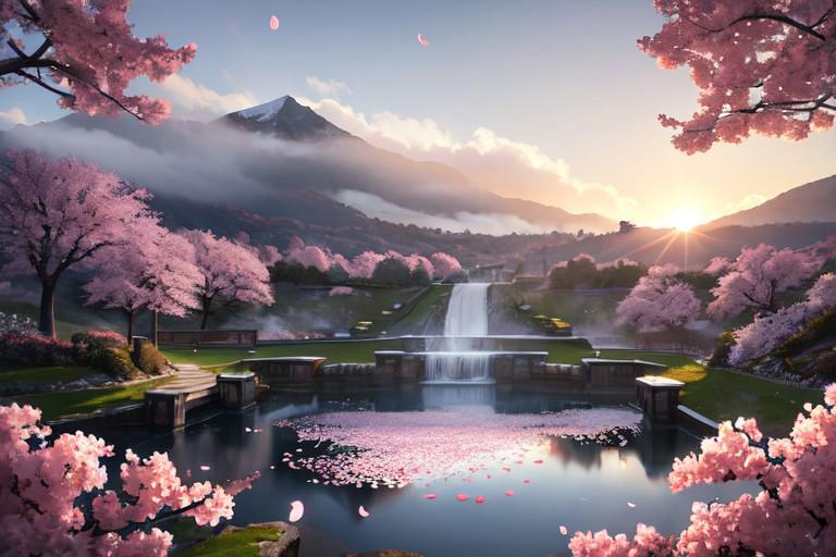 (masterpiece, best quality:1.2), ultra detailed, cinematic lighting, HDR, ilustration,  landsape, mountain top, misty fog,  midday,  cherry blossom, impressive, chill, inspirational, lens flare, falling petals, pond, water reflection, gimmering, stairs, no people, petals on water, amazing view of landscape below