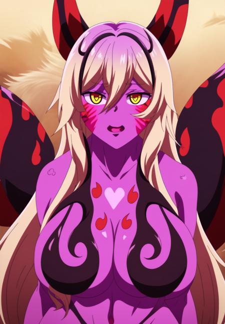 <lora:dakini:0.8>, dakini, 1girl, solo, long hair, looking at viewer, blonde hair, large breasts, cleavage, very long hair, yellow eyes, upper body, heart, horns, colored skin, facial mark, monster girl, colored sclera, black sclera, purple skin