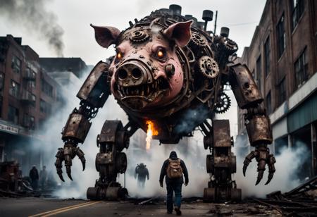 Horror-themed cinematic film still wide angle photo, 1 8 mm canon 5 d mark 3, f 1 8, of a scary giant, concept art looking domestic pig robot, with precice gears, steam, rust, it is rampaging in a city on fire, in the style of a kaiju momster movie high budget, bokeh, cinemascope, moody, epic, gorgeous, film grain, grainy . Eerie, unsettling, dark, spooky, suspenseful, grim, highly detailed