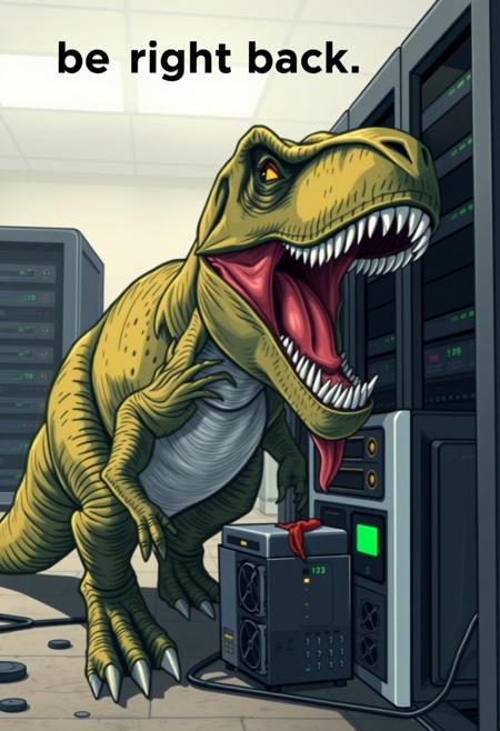 eating computer servers and GPU units, with "be right back" in text above