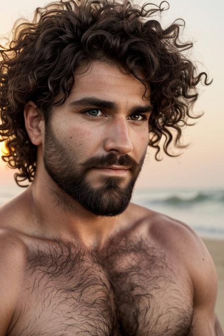 A close-up photo of a handsome hairy fit roman man, on the beach, looking the viewer, sunrise, curly hair