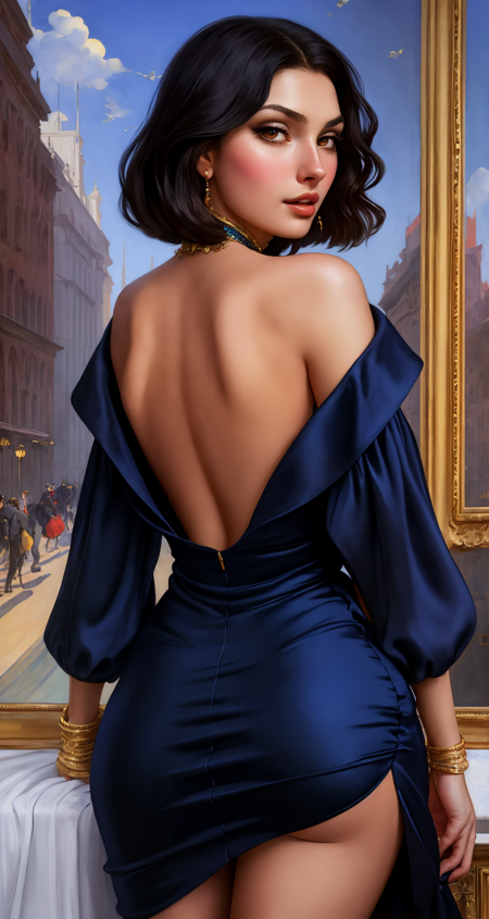 woman, solo, dj, black hair, white eyes, detailed face, 
([Gal Gadot|Sophia Loren|Eva Mendes]:0.8), (arosen style :0.9),
masterpiece, professional, high quality, beautiful, amazing, vintage, Behance, Backless Dress, shiny,
photoshoot, 4k, realistic, detailed background, astonishing, real life, by Howard Pyle, by Joaqun Sorolla,