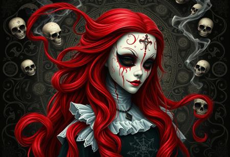 Design a haunted doll queen, her face adorned with a porcelain white mask covered in delicate blood-streaked patterns. Her long, flowing red hair twists and curls like tendrils of smoke, intertwining with floating skulls and eerie symbols. Her dark, hollow eyes contrast with her regal, doll-like appearance. The background features intricate, gothic designs with skulls, occult symbols, and Halloween-themed elements, giving the scene a spooky, surreal atmosphere. Use a color palette of black, red, and white to create a haunting yet regal tone.
