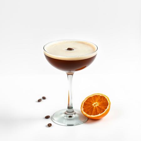 simple product Photography image on a plain, blank, pure 100% bright white background of a foamy espresso martini in a large coupe glass and 3 floating coffee beans as garnish. and cut orange beside it. zoomed out.