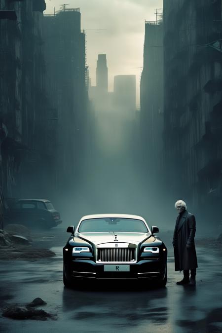 <lora:Roger Deakins Style:1>Roger Deakins Style - futuristic black Rolls Royce Wraith, parked,background is a dystopian city in the future. Photo