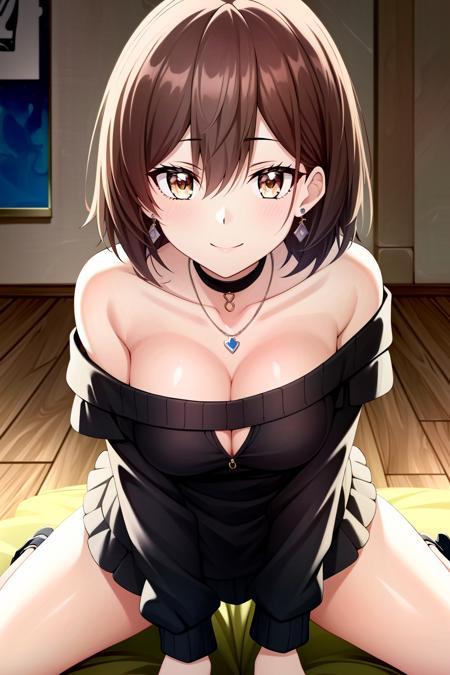 (extremely detailed CG unity 8k wallpaper),(masterpiece),(best quality),(ultra-detailed),(best illustration),(best shadow),(absurdres),(detailed background), <lora:Lola Metrose:1> Lola Metrose, 1girl, breasts, sweater, brown hair, short hair, blush, brown eyes, jewelry, cleavage, looking at viewer, necklace, medium breasts, smile, off-shoulder sweater, off shoulder, collarbone, bangs, nail polish, solo, hair between eyes, earrings, pov, straddling, girl on top, closed mouth, frilled shirt, backlighting, indoors, couch