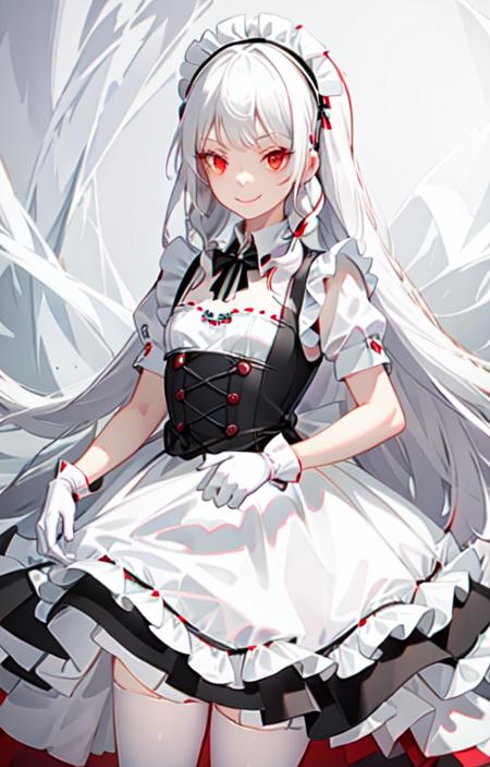 best quality, ultra detailed, 1girl, solo, standing, white hair, twin braids, red eyes,maid headdress,maid apron, bangs,white gloves, stare, smile, looking at viewer, (interview:1.3),  <lora:maid_v10:0.7>