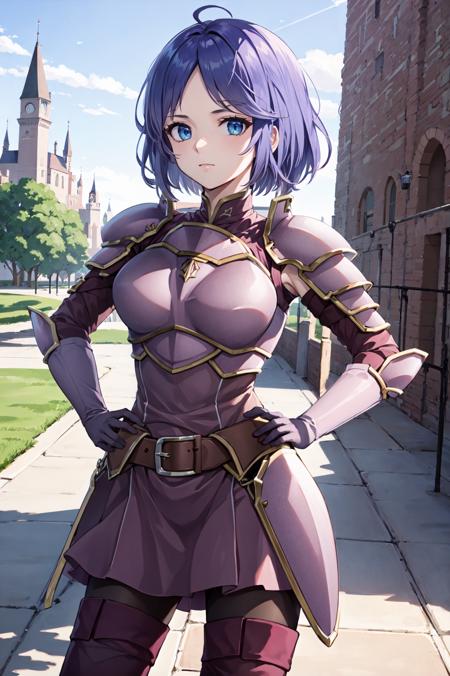 (upper body:1.2),hand on hip,looking at looking at viewer, <lora:midiaV2:1>,midia, center-parted bangs,thighhighs,pink armor,thigh boots,whiite elbow gloves, armored dress, zettai ryouiki, skirt, shoulder armor,  pauldrons, pantyhose, detached sleeves, shoulder pads, high heels,castle gate,(masterpiece, best quality, ultra-detailed, best shadow)