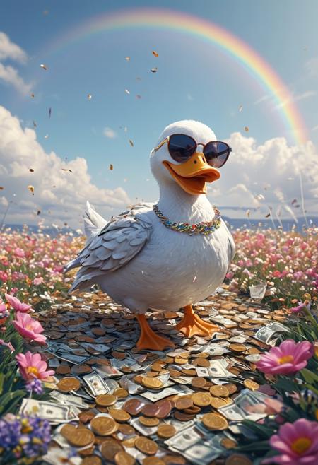 SilverPulse,cartoon-style scene of a fabulously wealthy duck, vibrant field filled with fluttering dollar bills, wearing a lavish gold chain, sunglasses, looking relaxed. Oversized coins, colorful flowers swaying in the breeze. Bright, sunny, with a rainbow arching overhead, adding to the whimsical and extravagant atmosphere of this rich duck's dreamland.
[style of greg rutkowski,janek sedlar,jenny saville:0]  <lora:vivid_everclear:0.35>  <lora:Sinozick:0.35>  <lora:MJ52:0.35>