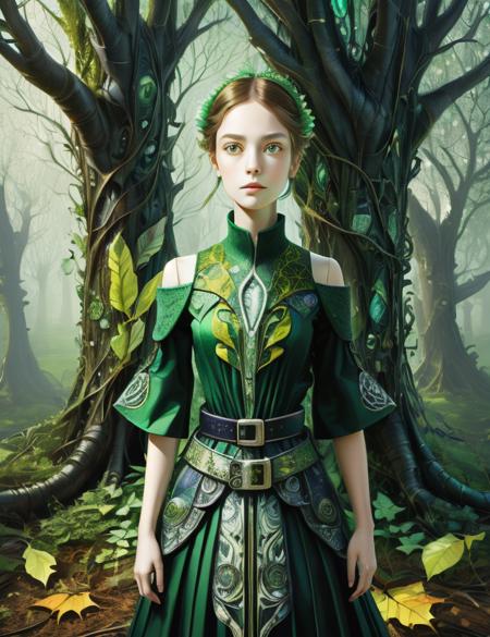 ((best quality)), ((masterpiece)), ((realistic,digital art)), (hyper detailed),DonML34f,  Pockets,,Appliqué Work,,Belt Included,,Cold Shoulder Design, , nature, organic, beautiful,tree,leaf  <lora:DonML34f_v2:1>