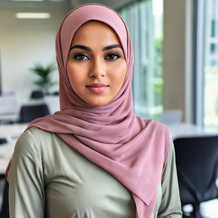 high quality, half body photo of a beautiful malay woman wearing realistic hijab, inner cap, and dress. The picture is taken using an iphone outside, in an office setting. crisp image, sharp focus, instagram photo, natural lighting