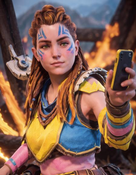 <lora:AloySDXL:0.7> Aloy sat next to a fire taking a selfie while wearing yellow, pink and blue tribal attire