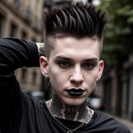 (<lora:add_detail:1>, <lora:weight_slider_v2:-1>, <lora:hair_length_slider_v1:1>),
realistic portrait photograph of a ((goth boy)) looking serious, (masterpiece, best quality), sharp focus, (high detailed skin:1.2), hyper realistic, lifelike texture, (highly detailed face and body), (detailed pupils), ultra high res, best shadow, (detailed hands), (beautiful natural ligthing), skin pores, beautiful moles, goth clothes, street on the backgroud, pale skin, piercings, spiked hair, black t-shirt