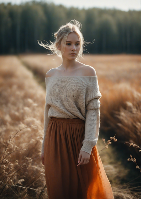 Ethereal portrait of a young Norwegian girl in a rustic, overgrown field during autumn, walking gently, soft expression. Blonde hair in a loose bun with delicate wisps, wearing an off-the-shoulder beige sweater and a flowing burnt-orange skirt. Surrounded by dried plants and bare branches, moody atmosphere, muted earthy tones, soft sunlight rays, shallow depth of field, natural light, fine art photography, dreamy vintage look, 85mm lens, emotional and poetic mood