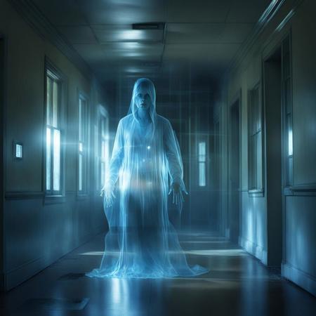 Design an unsettling and surreal artwork of a holographic apparition materializing in a long-abandoned mental hospital hallway. The spectral figure should cast an eerie, bluish glow, contrasting with the decaying surroundings and fractured, broken reflections in the corridor's windows. Illustration, Masterpiece, dark atmosphere, Abandoned Mental Hospital, Eerie Apparition, Broken Glass Reflections, Blue Holographic Glow, Surreal Atmosphere, Ominous Lighting.