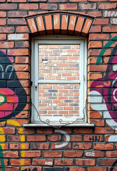 UHD, ultra-high detail photo, on a intricate brick wall graffiti of a window that opens up on a different brick wall in slightly different colors. picture in picture. 16k wallpaper. the window looks flat like its drawn by a spray can