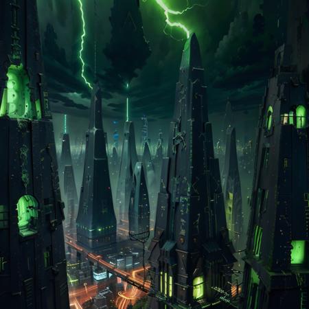 Necron_Architecture electricity, green glow, green theme,