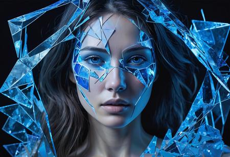 A fragmented portrait of a woman in "Fractured Reality," ere shards of her image dance in the cold glow of neon blue. The once-whispering elements now shriek in discordant harmony, amplifying the fractured nature of her being