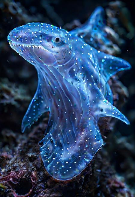 Ultrarealistic. shark made of bioluminescent organisms