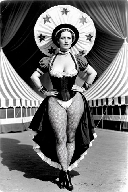 editorial, portrait woman in tight circus outfit,flowery hat  1850, (huge carnival circus tent interior,  sideshow in background:1.1),  barnum