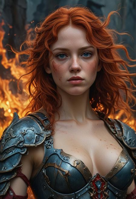 High resolution ultra-realistic of Beautiful Warrior girl, Fantasy style, 8k, capturing the intensity of the moment, dramatic lighting, standing on a bloody and stormy battlefield in a fighting pose, fire, intricately designed shining iron armor, red mini skirt, perfect athletic figure, beautiful Warrior girl, fire, dirty face, ultra realistic, cinematic style, athletic figure, Firm sinewy female body, dark fantasy, covered in dirty and blood, cinematic colors Lighting, extremely detailed, 8K, wavy red hair, realistic dirty bloody pale face, realistic blue eyes, beautiful Warrior girl on in cool iron armor, hyper-detailed, hyper-realistic, bright colours, Attractive 21 old years girl, Attractive, beautiful firm Breasts, sharp focus, digital painting, Photograph Taken on Nikon D750, Alphonse Mucha, 8K, athletic figure, Hyperdetailed, hyperrealism, Attractive, Attractive bust girl, asymmetric balance