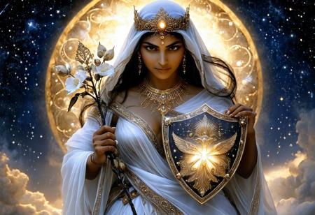 Stylized ink artwork of the ancient persian goddess Anahita. She wears an immaculate white gown which is contrast of her brown skin color, a golden cloak and a golden tiara on her head. She holds a flowering twig in one of her hands and a shield in the other one, symbolizing her dual role as a goddess of fertility and war. The whole scene is viewed from below as she descend from the starry sky. Warm highlights and shadowly gradients enhance her mystical presence. The image has natural deep shadows and bright warm lighting lighting. high detail realistic skin texture, skin pores, masterpiece, cinematic quality, bokeh, depth of focus, realistic fantasy photo, gorgeous aesthetic, in the style of Luis Royo and Milo Manara., circle of light above her head