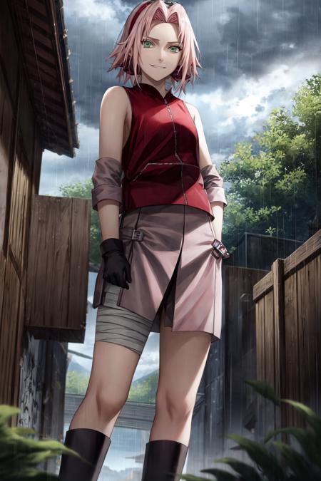 sakura shippuden, masterpiece, best quality, absurdres, solo, woman, badass,  red jacket, bandaged leg, skirt, toeless footwear,  black short, sleeveless, sadism, smirk, looking at viewer, from below,  short hair, bangs, green eyes, small breasts, forehead protector, konohagakure symbol, black gloves, bare shoulders, standing,   outdoors, village background, grey sky, rain,  storm,   <lyco:BetterHands:1.0>,   <lora:DetailLora:1>,   <lora:sakura_shippuden:1>,  <lora:LowRA:0.3>, dark theme