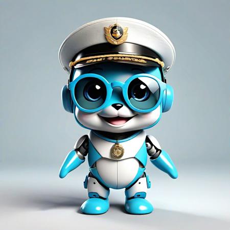 Full body, luxurious sunglasses and hat, excited and happy expression, cute and lovely baby robot dolphin with military uniform on body, 2d cute, happy, fantastic, dreamy, illustration, 3d three-dimensional, centered, professional, soft modern, nice. It has graphics, line art, and a white background.