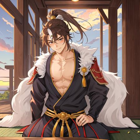 Yokozuwari,sunce,1boy,ponytail,long hair,bangs,best quality, masterpiece,sunset<lora:sunce-v7-000023:0.8>