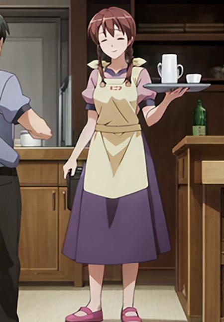 <lora:ShakugannoShana:1.0>, ShakugannoShana, Chigusa, solo, short hair, skirt, dress, holding, closed mouth, standing, full body, closed eyes, braid, short sleeves, puffy sleeves, indoors, blurry, apron, cup, puffy short sleeves, single braid, brown footwear, bottle, hair over shoulder, alcohol, drinking glass, tray, mug, drink, door, pink footwear, glass, holding tray, slippers, kitchen