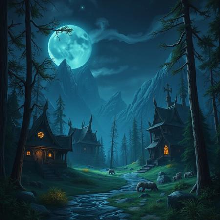 fantasy style, warcraft, environment, woods, night elf buildings, video games, forest, night, mountains, path,