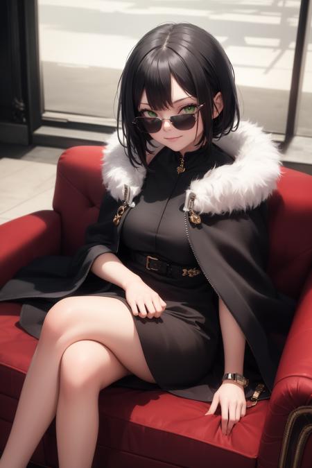 masterpiece, ultra quality, sharp focus, 1girl, black hair, green eyes, sitting in sofa, crossed legs, looking at viewer, smirk, from above, fur cloak, futuristic, (black shades)