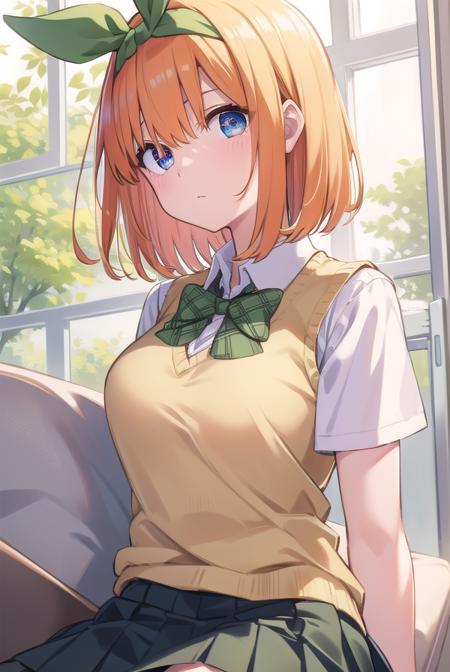 yotsubanakano, <lora:yotsubanakanotest:1>, yotsuba nakano, bangs, short hair, blue eyes, hair between eyes, hair ribbon, hairband, orange hair, green ribbon,
BREAK skirt, shirt, bow, ribbon, school uniform, white shirt, short sleeves, pleated skirt, shoes, socks, collared shirt, miniskirt, bowtie, black footwear, kneehighs, green skirt, black socks, loafers, green bow, sweater vest, green ribbon,,
BREAK indoors, classroom,
BREAK looking at viewer, BREAK <lora:GoodHands-vanilla:1>, (masterpiece:1.2), best quality, high resolution, unity 8k wallpaper, (illustration:0.8), (beautiful detailed eyes:1.6), extremely detailed face, perfect lighting, extremely detailed CG, (perfect hands, perfect anatomy),