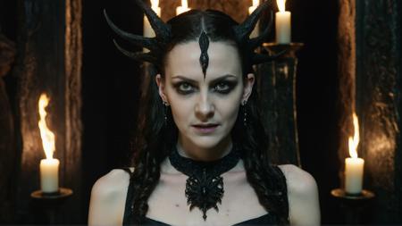 lovecraftian horror medium shot young priestess of Dagon staring intensely with a spiteful grin, insanely beautiful face with black eyes, pearl earrings, pale natural skin, wet dungeon wall in the background, low lighting with torches, eldritch, cosmic horror, unknown, mysterious, surreal, highly detailed, emotional