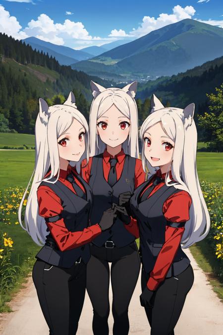 (masterpiece, best quality:1.2), 3girls, htcerberus, happy, smile, looking at viewer, waistcoat, red shirt, black necktie, arm garter, black vest, black gloves, black pants, scenery <lora:helltaker_cerberus:1.0>