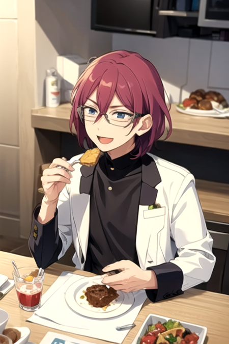 <lora:Ibara-04:0.8>,ibaraes, smile, short hair, open mouth,  , long sleeves, holding, hair between eyes, purple hair, food, glasses, eating, looking up,  spoon, holding spoon, pudding