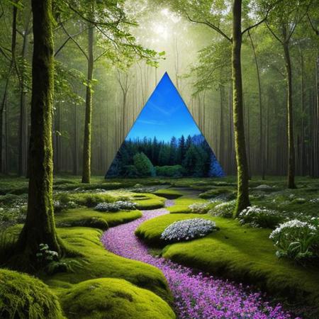 A hyper-realistic painting featuring a three-dimensional blue triangle with human eyes and a mouth, clearly expressing an emotion such as sadness or joy. The triangle should have realistic textures and lighting, making it appear as part of the physical world. It is set in a lush, vibrant forest at dawn, with sunlight filtering through dense foliage, illuminating the moss-covered ground and small wildflowers. Birds and woodland creatures add life to the serene setting. The triangle should blend seamlessly into the environment despite its surreal form, creating a striking contrast between the natural beauty of the forest and the lifelike, anthropomorphic triangle